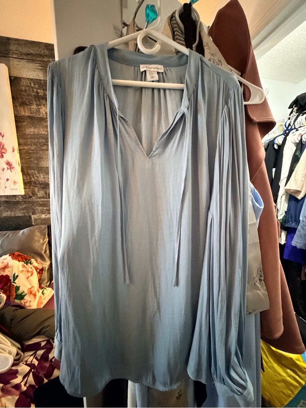 cupcakes & cashmere pale blue blouse with gathered yoke